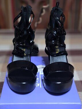 New Black Patent Strappy Platform Chunky Block Heel High Ankle Zip Pump 6.5